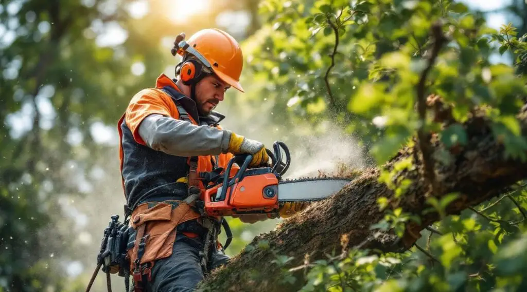 Cascade Tree Works crew safely rigging and cutting a large Douglas fir tree on a residential property in Gresham.