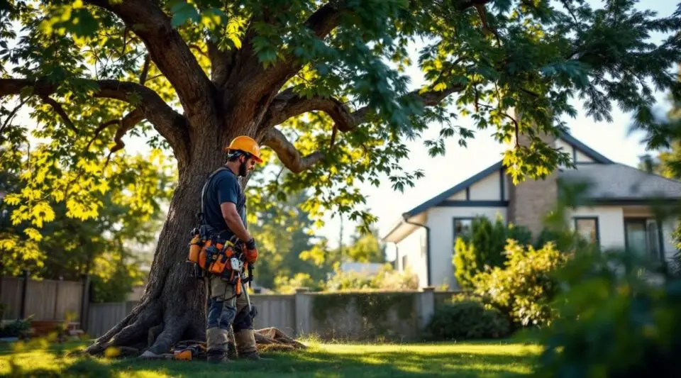 A wide-angle shot of a tree service professional evaluating a tall evergreen tree near a paved parking area and office building.