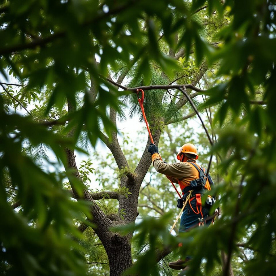 A wide view of a tree service crew using a bucket truck and wood chipper to prune large trees along a paved commercial roadway.