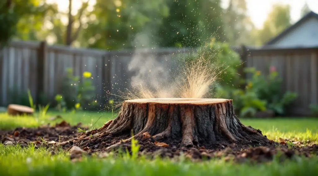 A professional stump grinder machine carving a large tree stump into wood chips on a residential yard in Gresham.