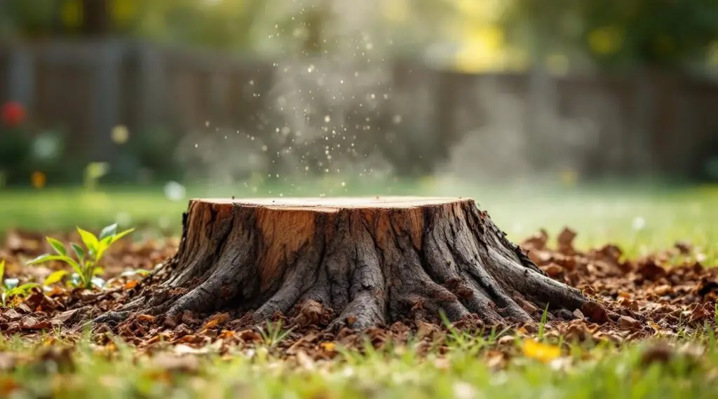 A commercial stump grinder shaving down a large tree stump in a Gresham yard, sending up fresh wood chips under soft daylight.