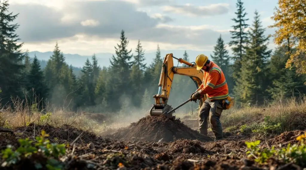 Heavy machinery and tree care crew clearing dense brush and trees on a development site in Vancouver, Washington.