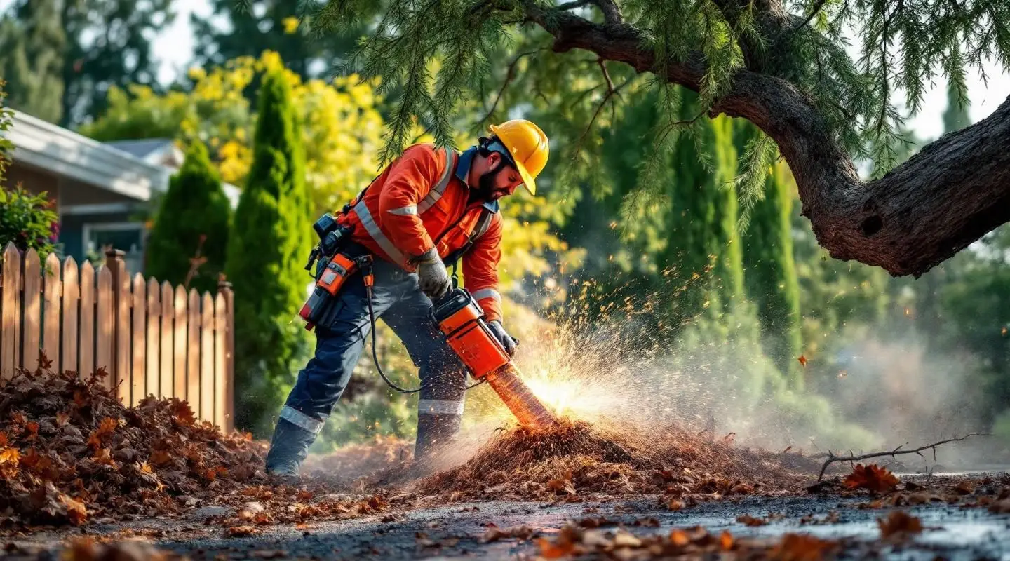 A large uprooted tree trunk laying across a paved road with wood debris scattered on the ground.