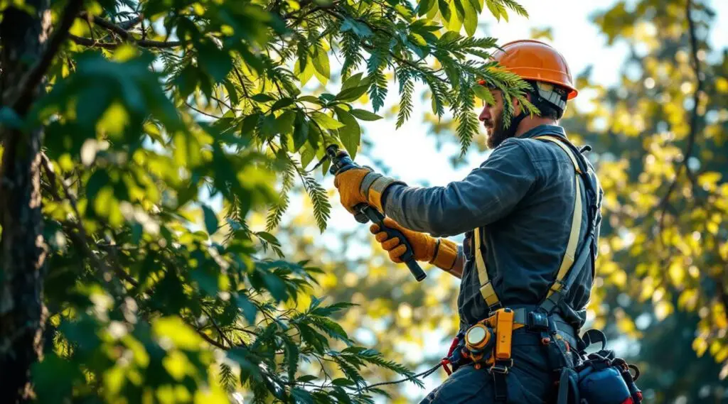 A professional arborist carefully trimming branches on a large oak tree in a Gresham residential neighborhood.
