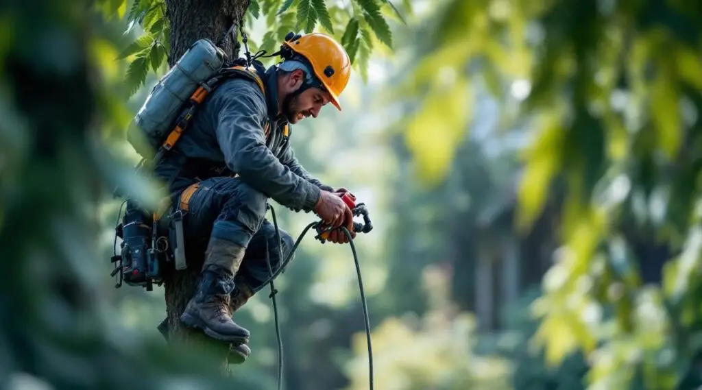 An ISA Certified Arborist with Cascade Tree Works inspecting a mature oak tree canopy in Vancouver WA.