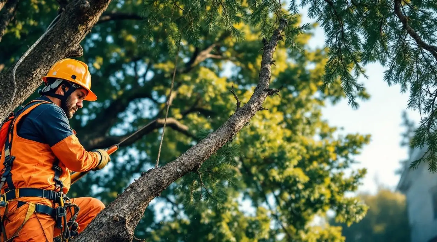 A wide shot of a massive evergreen tree being dismantled by a crew with specialized rigging equipment near a local roadside.