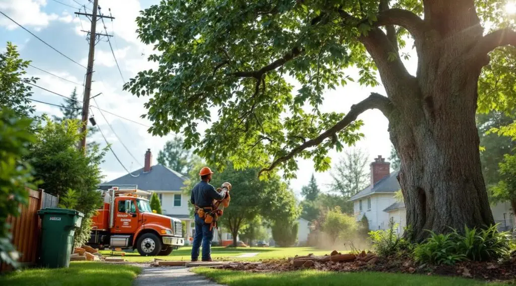 Certified arborists using advanced rigging systems to safely lower heavy limbs from a large Douglas fir in Gresham
