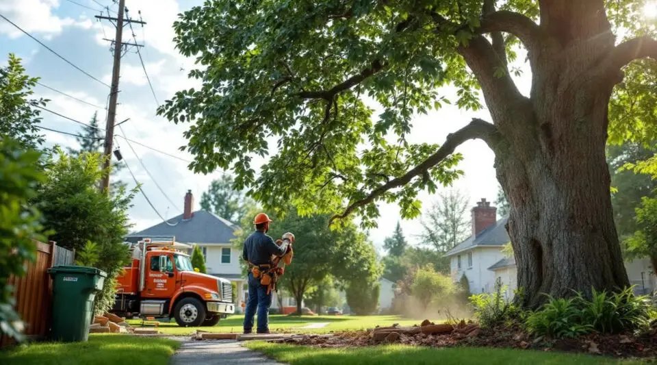 A professional tree removal crew working on a commercial lot with a large crane lifting a tree section over a wood chipper.