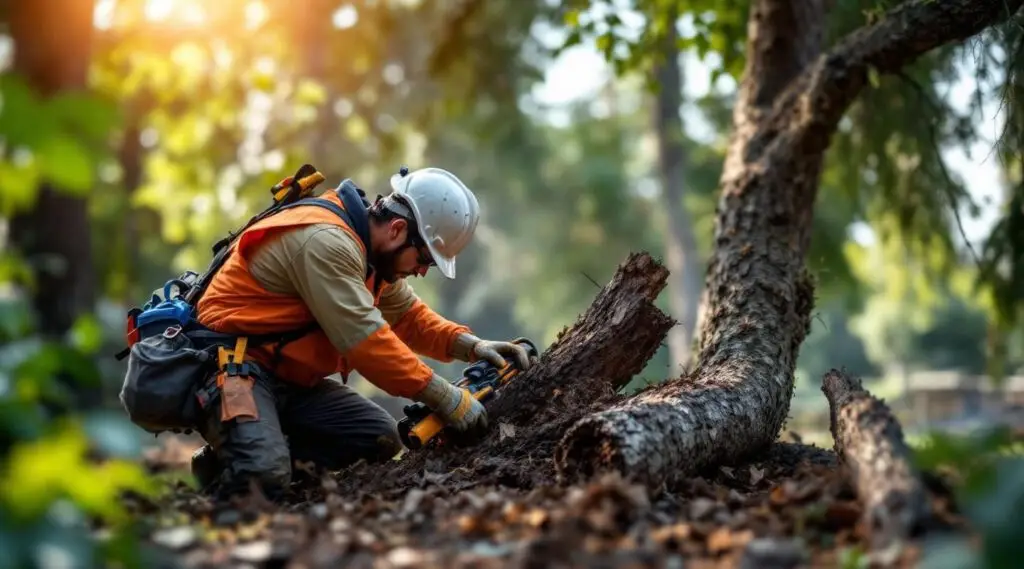 Cascade Tree Works crew using rigging equipment to safely dismantle a dead Douglas fir in a Gresham residential yard.