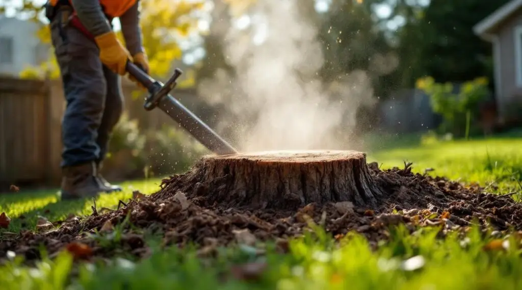 A professional stump grinder shaving down a large tree stump on a Gresham property, surrounded by fresh wood chips.