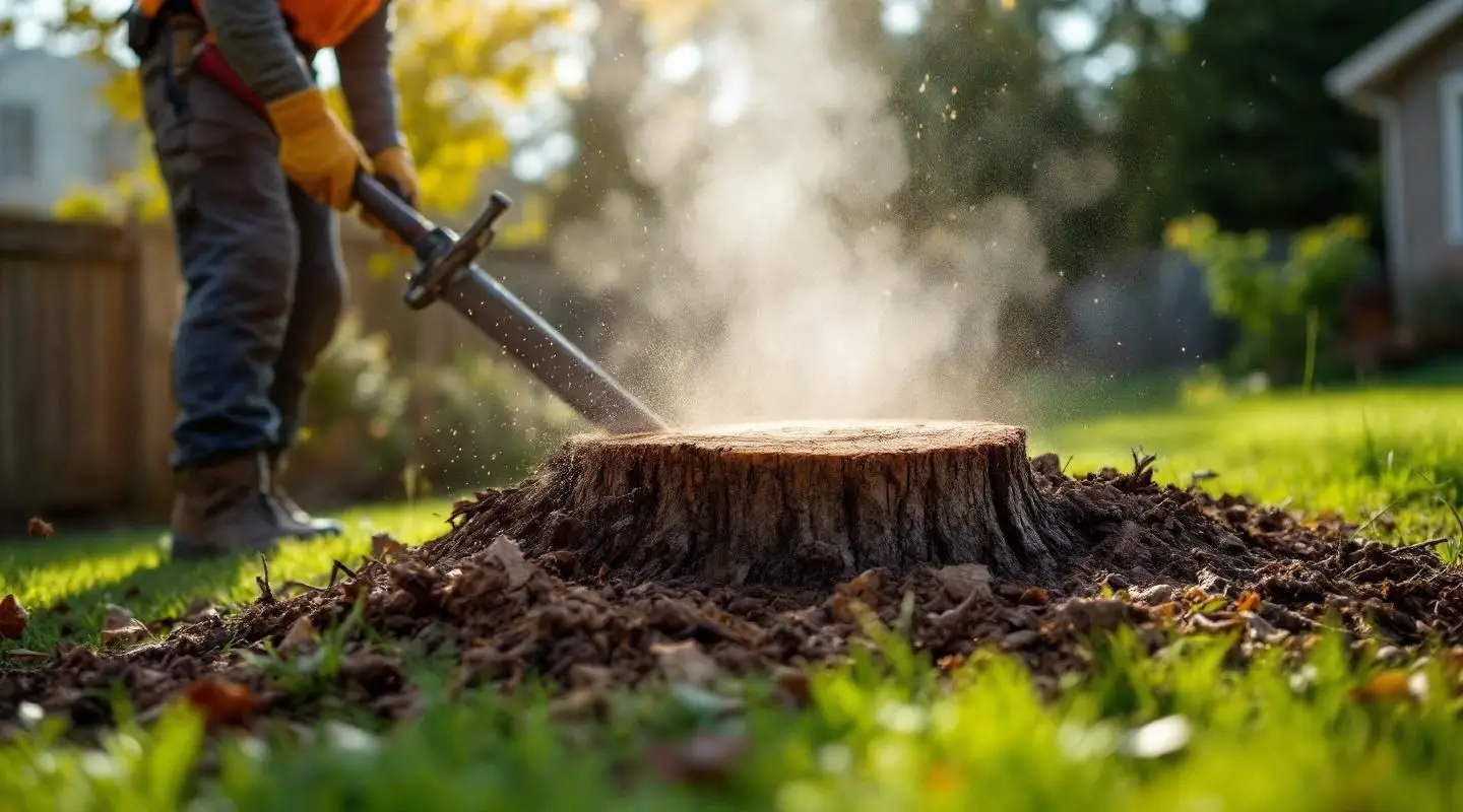 A wide-angle view of a powerful stump grinding machine throwing wood chips as it processes a large stump in an open landscape.