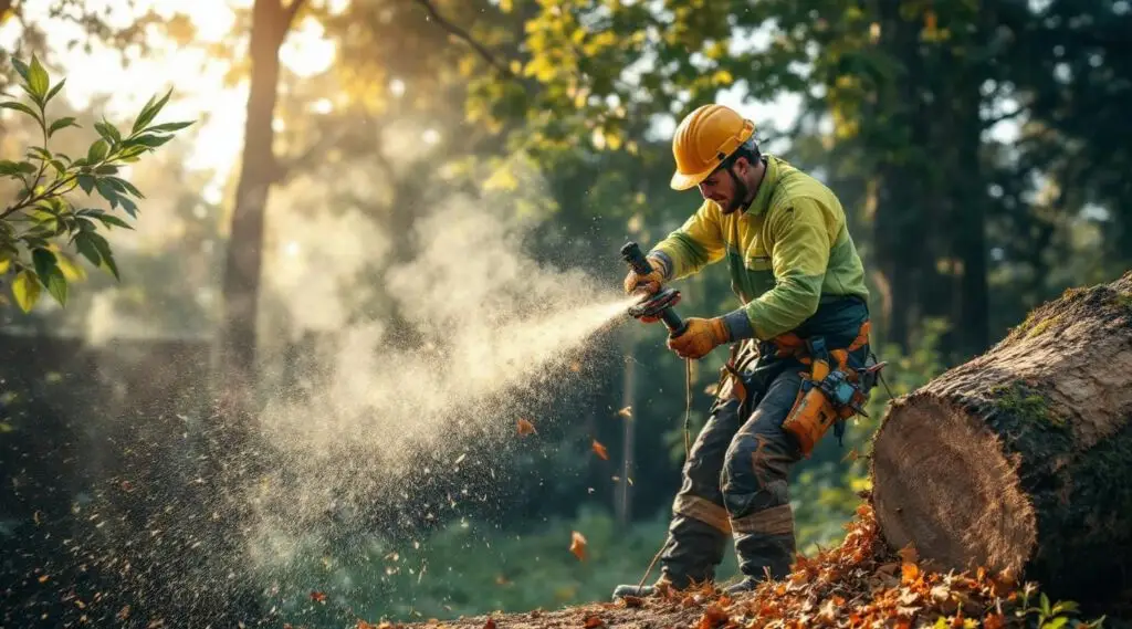 Cascade Tree Works crew safely felling a large hazardous tree near a building in Gresham, Oregon using controlled rigging.